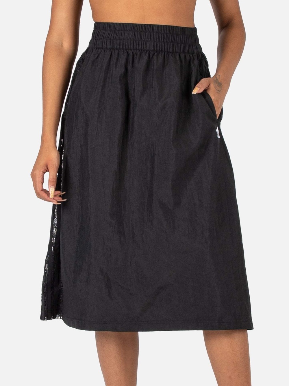 Adidas black poplin midi skirt black with lace & 3-stripes detail - Picture 2 of 5